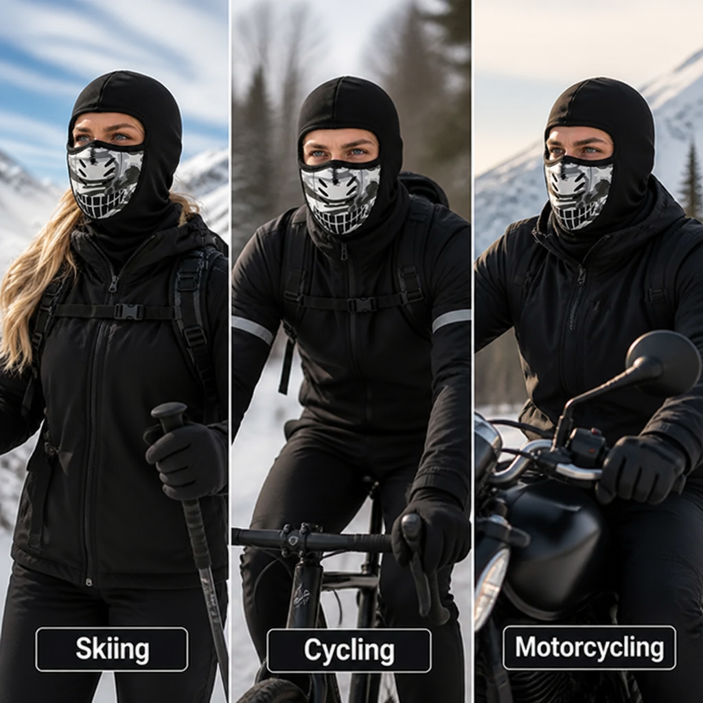 Dreier-Collage: Die Sturmhaube beim Skifahren, Radfahren und Motorradfahren, getragen von einer Frau und zwei Männern in winterlicher Landschaft. 5