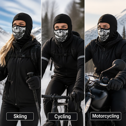 Dreier-Collage: Die Sturmhaube beim Skifahren, Radfahren und Motorradfahren, getragen von einer Frau und zwei Männern in winterlicher Landschaft. 5