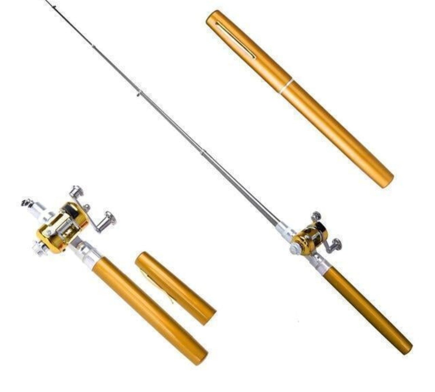 Goldene kompakte Angelrute für Kajakfahren, tragbar, leicht, ideal für Outdoor-Angeln.