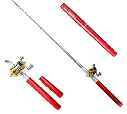 Rote Teleskop-Angelrute mit Rolle, kompakt, tragbar, ideal für Reisen und Angeln.