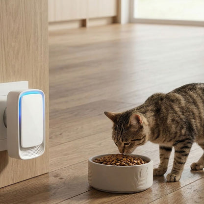 Ionisator in der Steckdose an einer Holzwand, daneben frisst eine Katze aus einem Napf 6