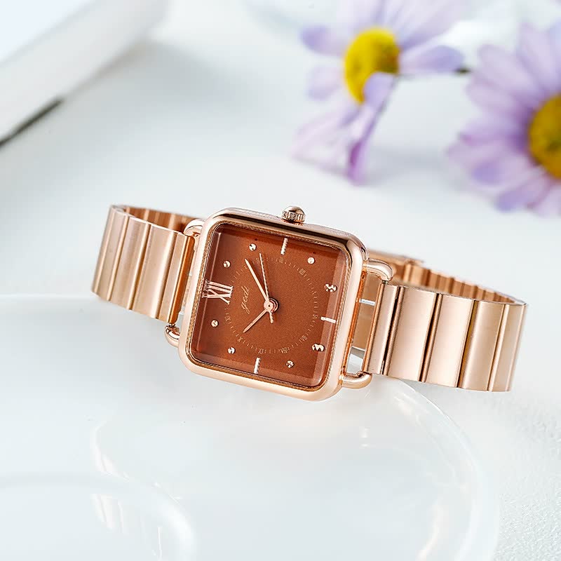 Roségoldene Damenuhr mit quadratischem Zifferblatt, Edelstahlarmband, elegantes Design.