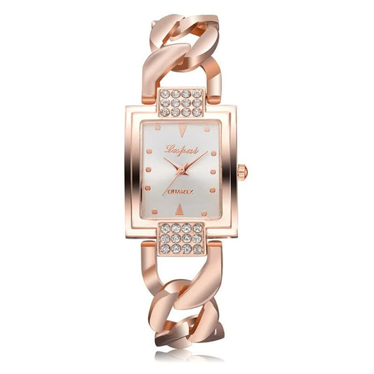 Luxuriöse Damenarmbanduhr, roségold, rechteckiges Zifferblatt, Strasssteine, modisches Design.