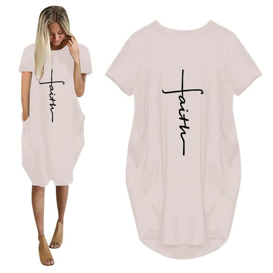 Damen T-Shirt-Kleid, weiß, mit "Faith"-Aufdruck, kurze Ärmel, lässig, Baumwolle.
