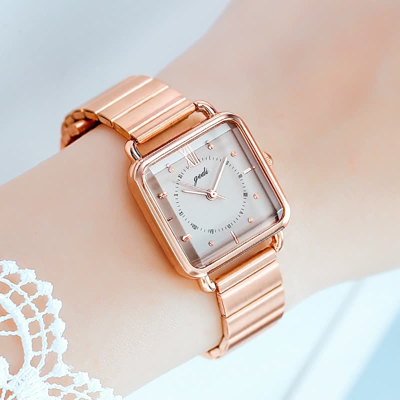 Roségoldene quadratische Damenarmbanduhr mit Metallarmband, elegantes Design, modische Uhr.