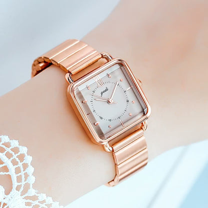 Roségoldene quadratische Damenarmbanduhr mit Metallarmband, elegantes Design, modische Uhr.