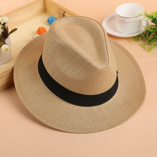 Beiger Fedora-Hut aus Stroh mit schwarzem Band, stilvoller Sommerhut für Herren und Damen.