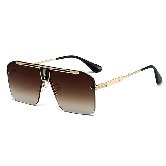Goldene Sonnenbrille mit eckigen Gläsern, braun getönt, modisches Accessoire für Damen und Herren.
