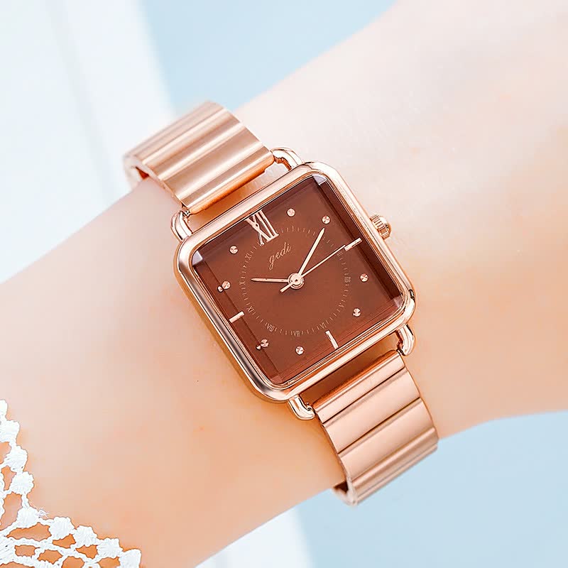 Roségoldene Damenuhr mit quadratischem Zifferblatt, Edelstahlarmband, elegant, modisch.