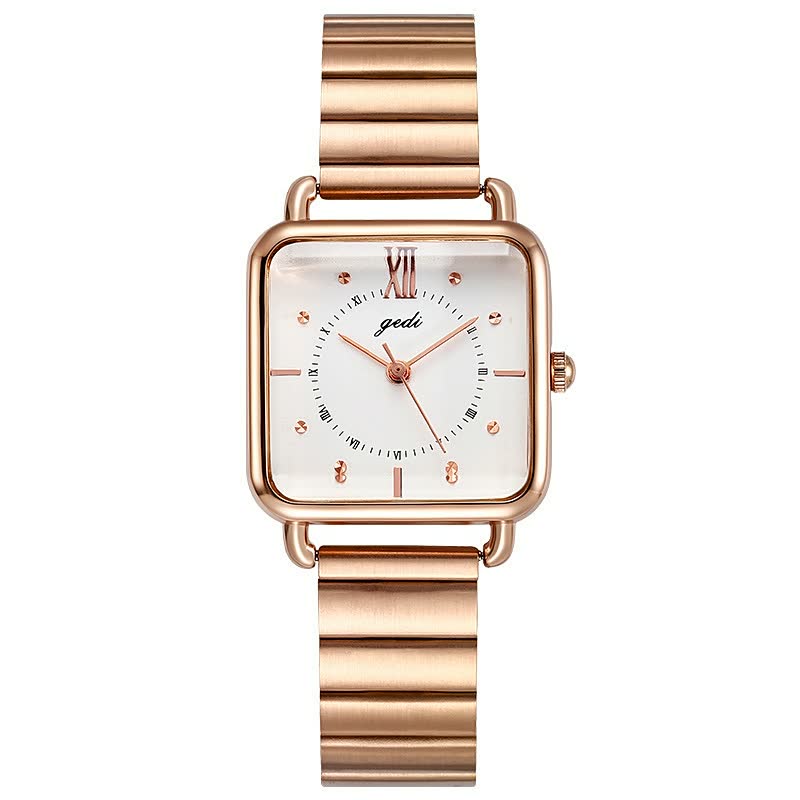 Roségoldene Armbanduhr mit quadratischem Zifferblatt, Edelstahlarmband, elegantes Design.