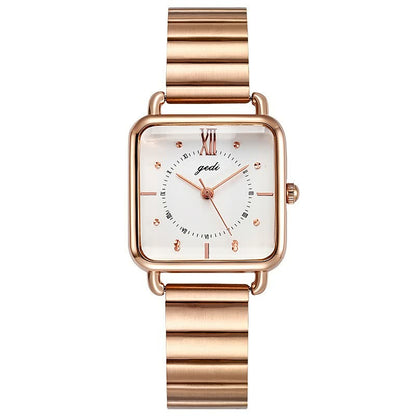Roségoldene Armbanduhr mit quadratischem Zifferblatt, Edelstahlarmband, elegantes Design.