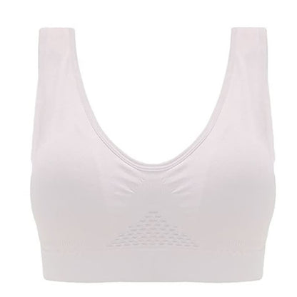 Weißer nahtloser Sport-BH für Damen, atmungsaktiv, bequem, Fitnessbekleidung.