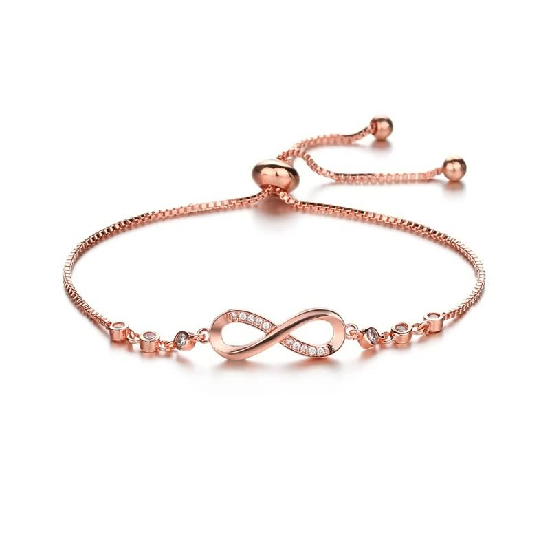 Rosegoldenes Armband mit Unendlichkeitssymbol, verstellbar, mit Zirkonia-Steinen, elegantes Design.