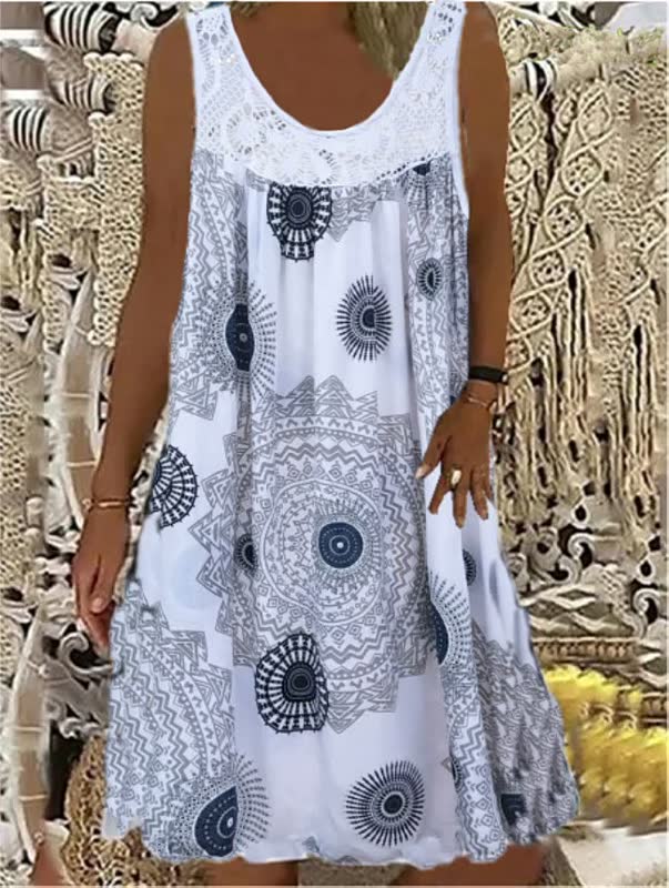 Damen Sommerkleid, weiß mit Mandala-Muster, ärmellos, Baumwolle, Boho-Stil, Freizeitmode.