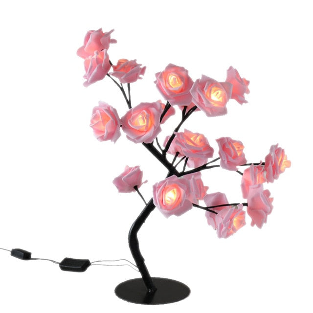Rosa LED-Rosenbaum-Lampe, dekorative Beleuchtung, schwarzer Sockel, romantisches Design.