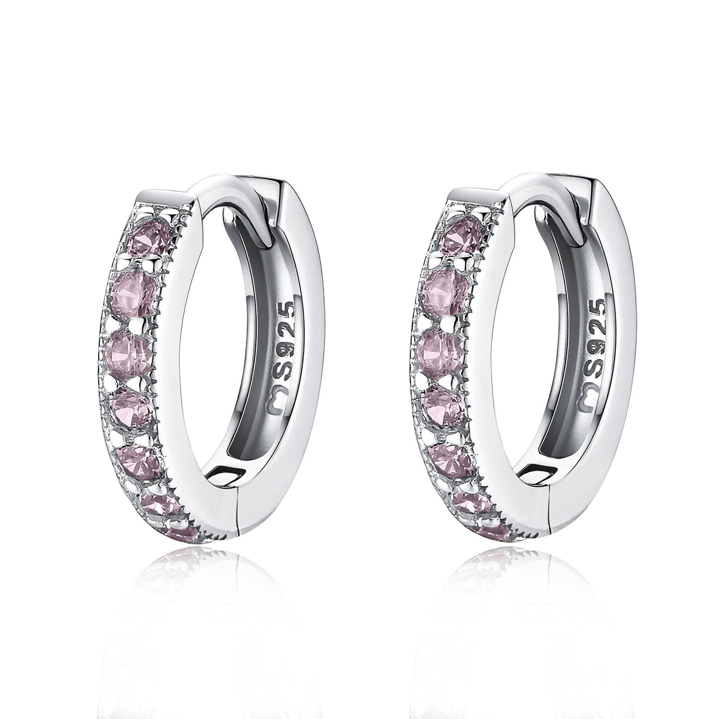 Silberne Creolen mit rosa Kristallen, 925 Sterling Silber Ohrringe, eleganter Schmuck.