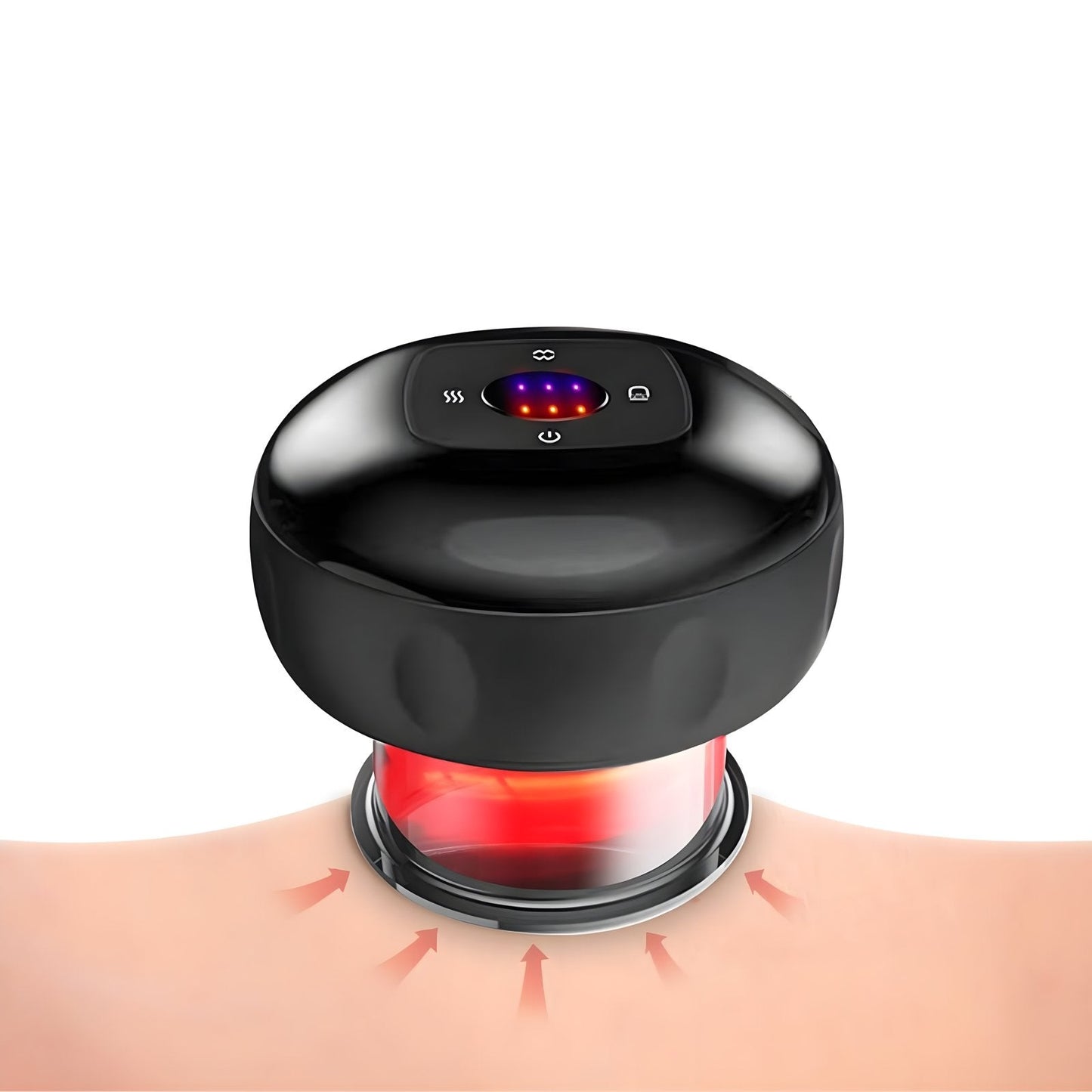 Schwarzes Massagegerät mit LED-Anzeige auf Haut, Vakuumtherapie, Schmerzbehandlung.