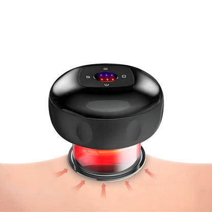 Schwarzes Massagegerät mit LED-Anzeige auf Haut, Vakuumtherapie, Schmerzbehandlung.