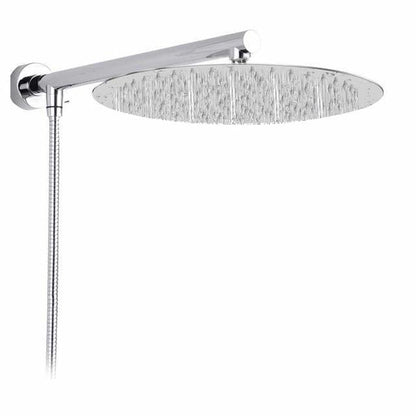 Ultradünner, wandmontierter Regenduschkopf aus Edelstahl mit Arm und Schlauch, modern.