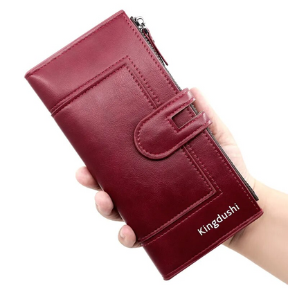 Rote Damen-Geldbörse aus Leder mit Reißverschluss und Schnalle, elegante Handtasche.