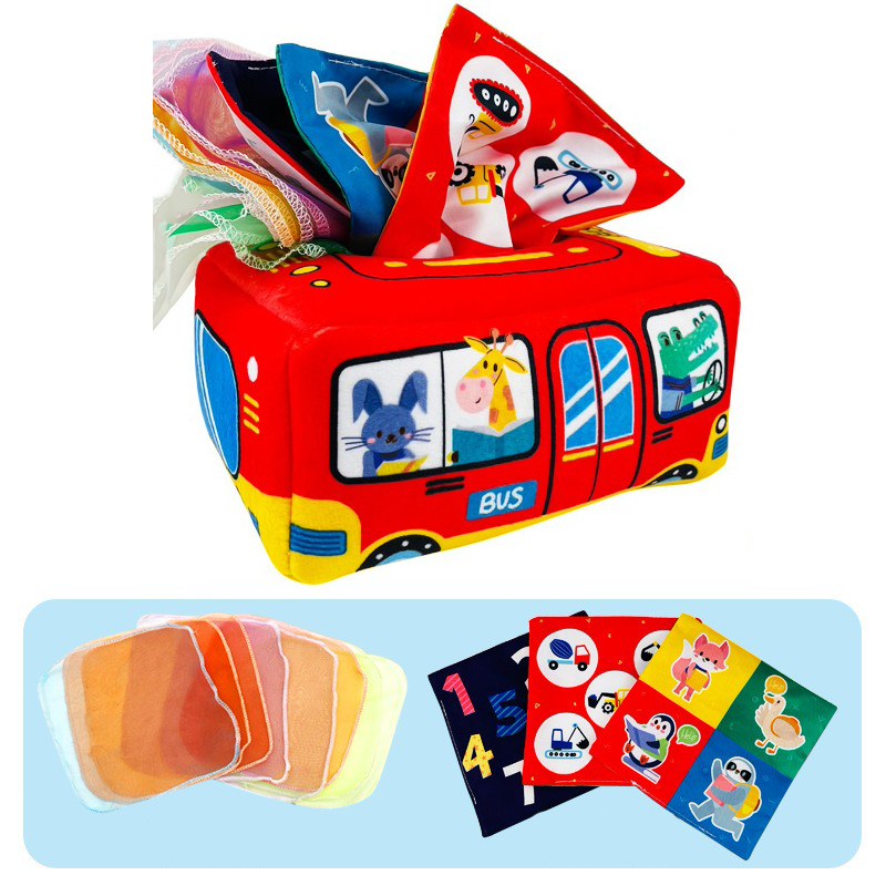 Rotes Spielzeugauto mit Tiermotiven, weiches Material, pädagogisches Lernspielzeug für Kinder.