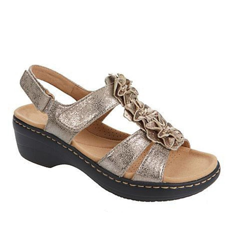 Damen Sandalen | Retro | Veganes Leder | Offenes Design | Verstellbar-Gold-35-Luzern Mode