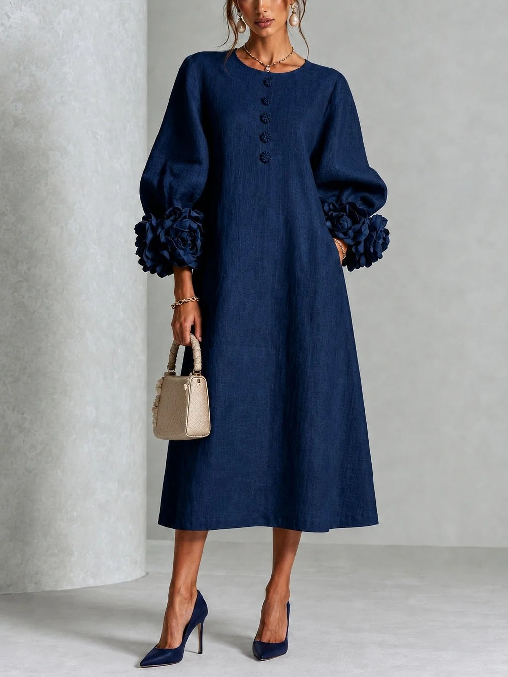 Women's Midi Dress with Floral Cuff Details and A-Line Silhouette 1