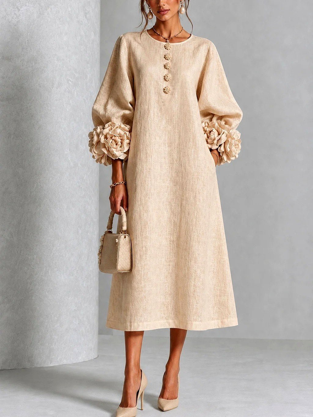 Women's Midi Dress with Floral Cuff Details and A-Line Silhouette 4