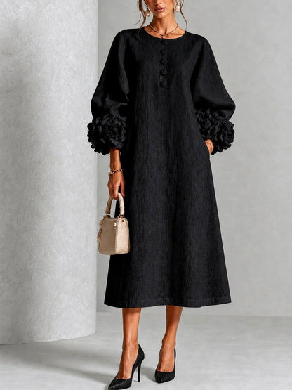 Women's Midi Dress with Floral Cuff Details and A-Line Silhouette 6