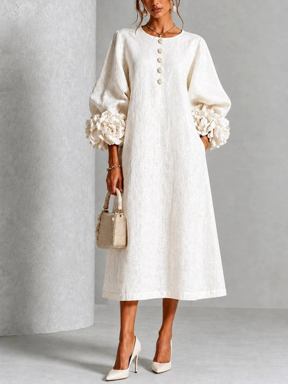 Women's Midi Dress with Floral Cuff Details and A-Line Silhouette 3
