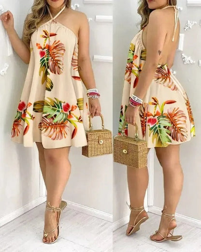 Sommerkleid Damen Rückenfrei | Halterneck | Tropen Look | Luftig für Urlaub-Luzern Mode