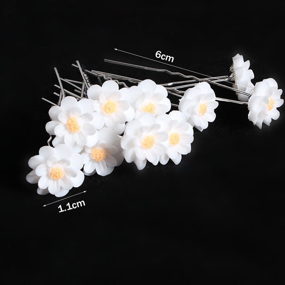 Weiße Kunstblumen Haarnadeln, 6 cm, Hochzeit, Dekoration, DIY, Kunststoff, 12 Stück.