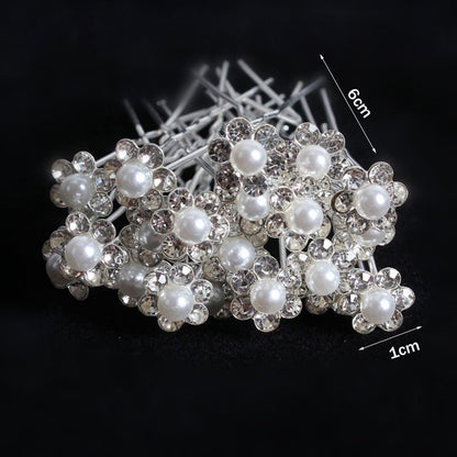 Perlen-Haarnadeln mit Strass, Blumenform, 6 cm, Hochzeitsschmuck, silberfarben.