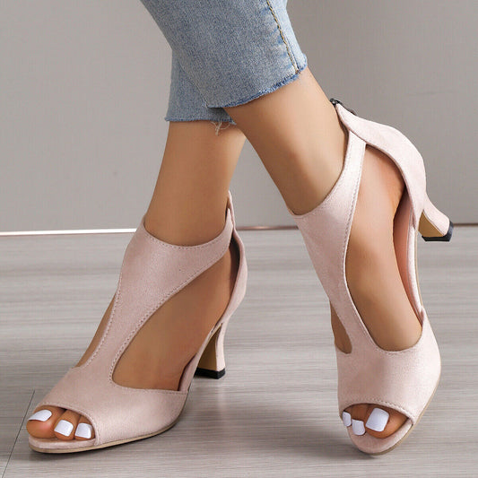 Damen High Heels Sandaletten, rosa, Wildleder, offener Zeh, elegantes Design, Sommermode.
