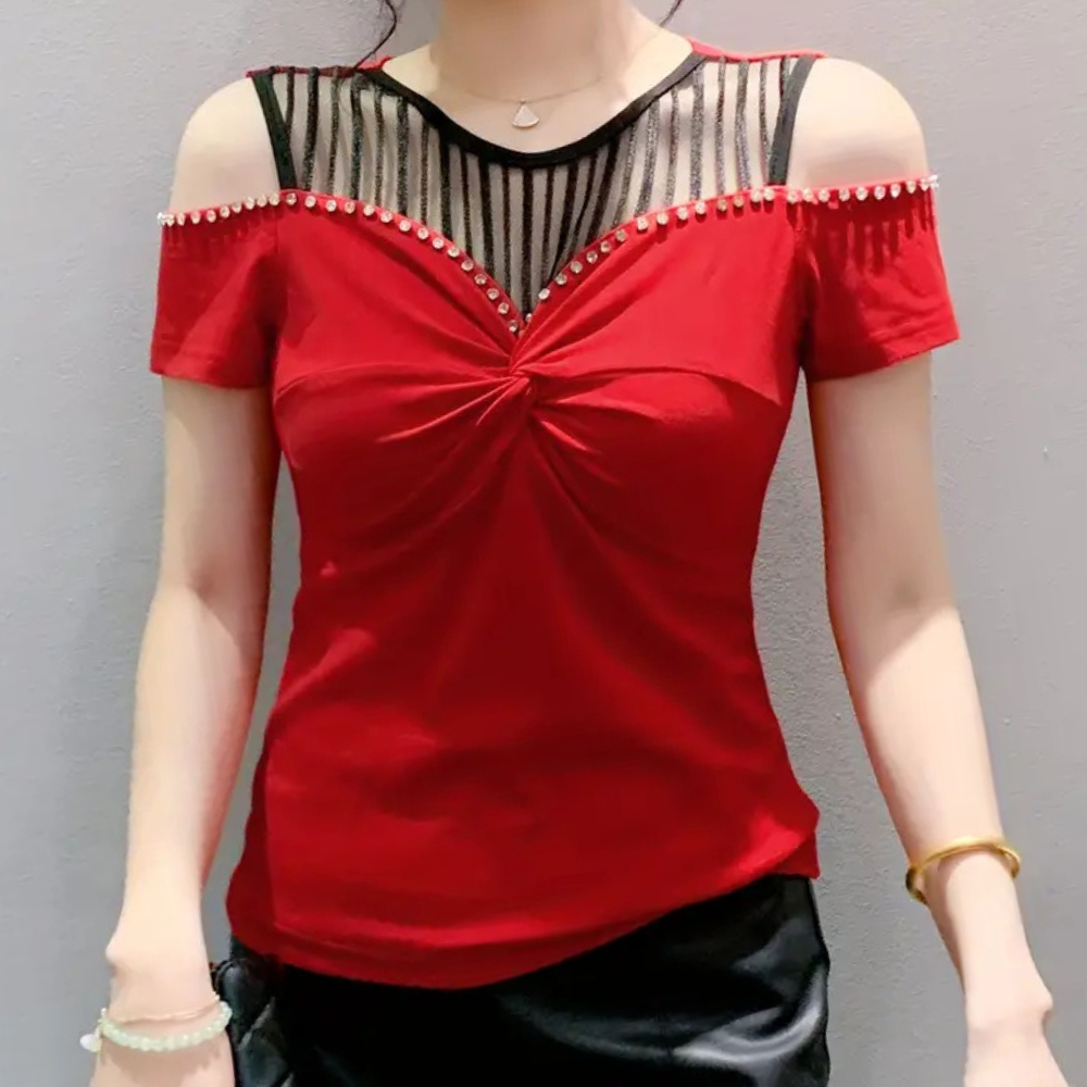 Rotes Damen-Oberteil mit Netzstoff und Perlen, schulterfrei, elegant, modisch.