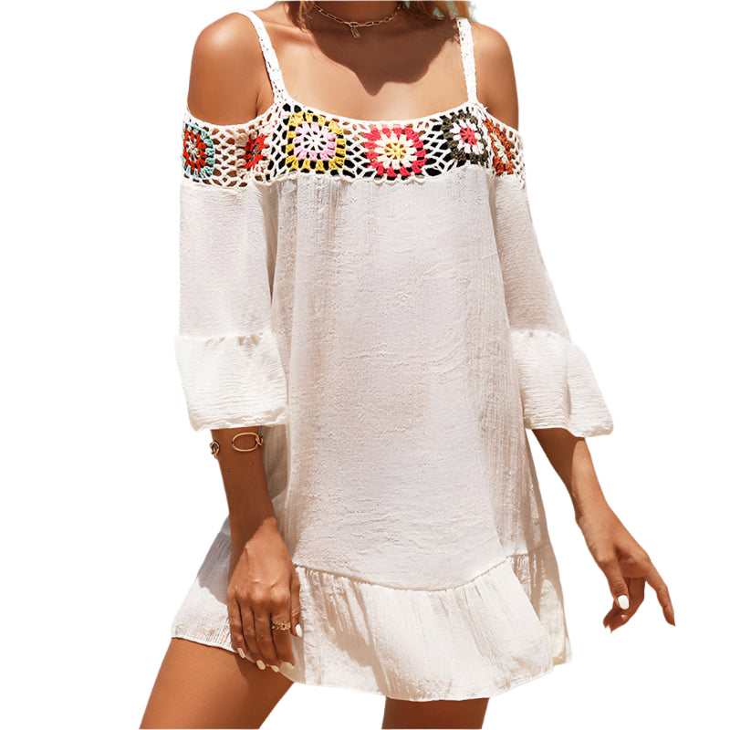 Luftiges Sommer Minikleid Damen | Schulterfrei locker | Bequem vielseitig-Beige-Einheitsgrösse-Luzern Mode