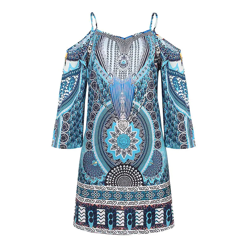 Sommerkleid | Ethno-Print | Mehrfarbig | Off-Shoulder | Mini-Länge-Luzern Mode