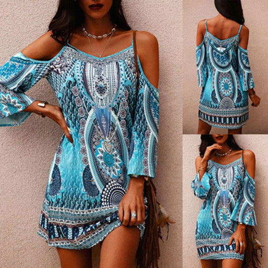 Sommerkleid | Ethno-Print | Mehrfarbig | Off-Shoulder | Mini-Länge-Luzern Mode