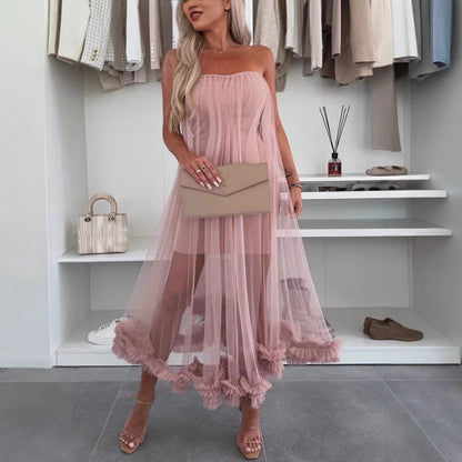 Schulterfreies Kleid Damen | Tüll | Rüschen | Kurz | Figurbetont | Party Look-Rosa-S-Luzern Mode