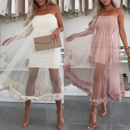 Schulterfreies Kleid Damen | Tüll | Rüschen | Kurz | Figurbetont | Party Look-Luzern Mode
