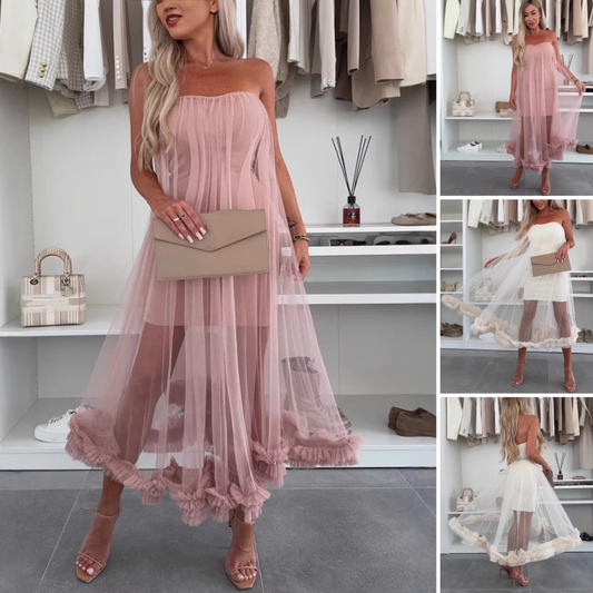 Schulterfreies Kleid Damen | Tüll | Rüschen | Kurz | Figurbetont | Party Look-Luzern Mode