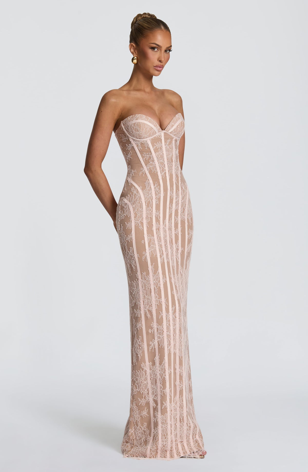 Strapless Floral Lace Corset Maxi Dress 16