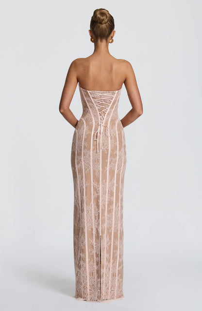 Strapless Floral Lace Corset Maxi Dress 14