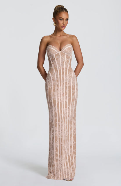 Strapless Floral Lace Corset Maxi Dress 13