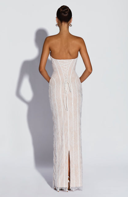 Strapless Floral Lace Corset Maxi Dress 10
