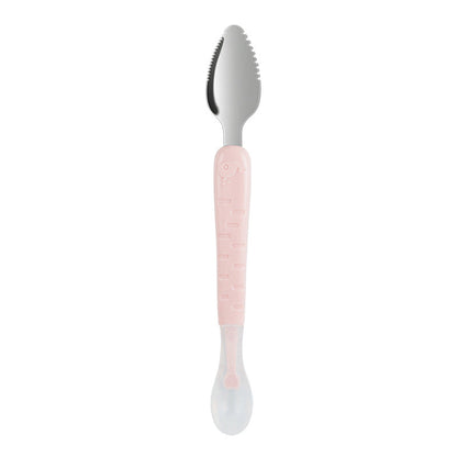 Rosa Babylöffel mit weichem Griff, Edelstahl, ergonomisch, ideal für Kleinkinder.