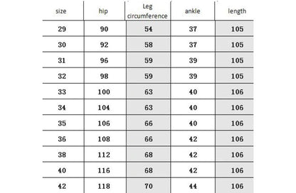 Größentabelle für Herren-Slack, Größen 29-42, Hüft- und Beinmaße, Stretch-Pantalon.