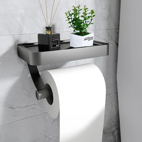Moderner Toilettenpapierhalter mit Ablage, schwarz, Metall, Badezimmerzubehör, platzsparend.