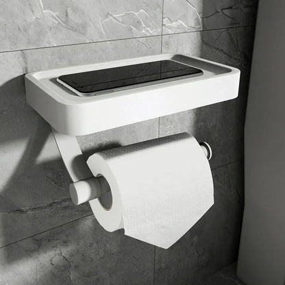 Moderner weißer Toilettenpapierhalter mit Ablage, Wandmontage, Badezimmerzubehör.