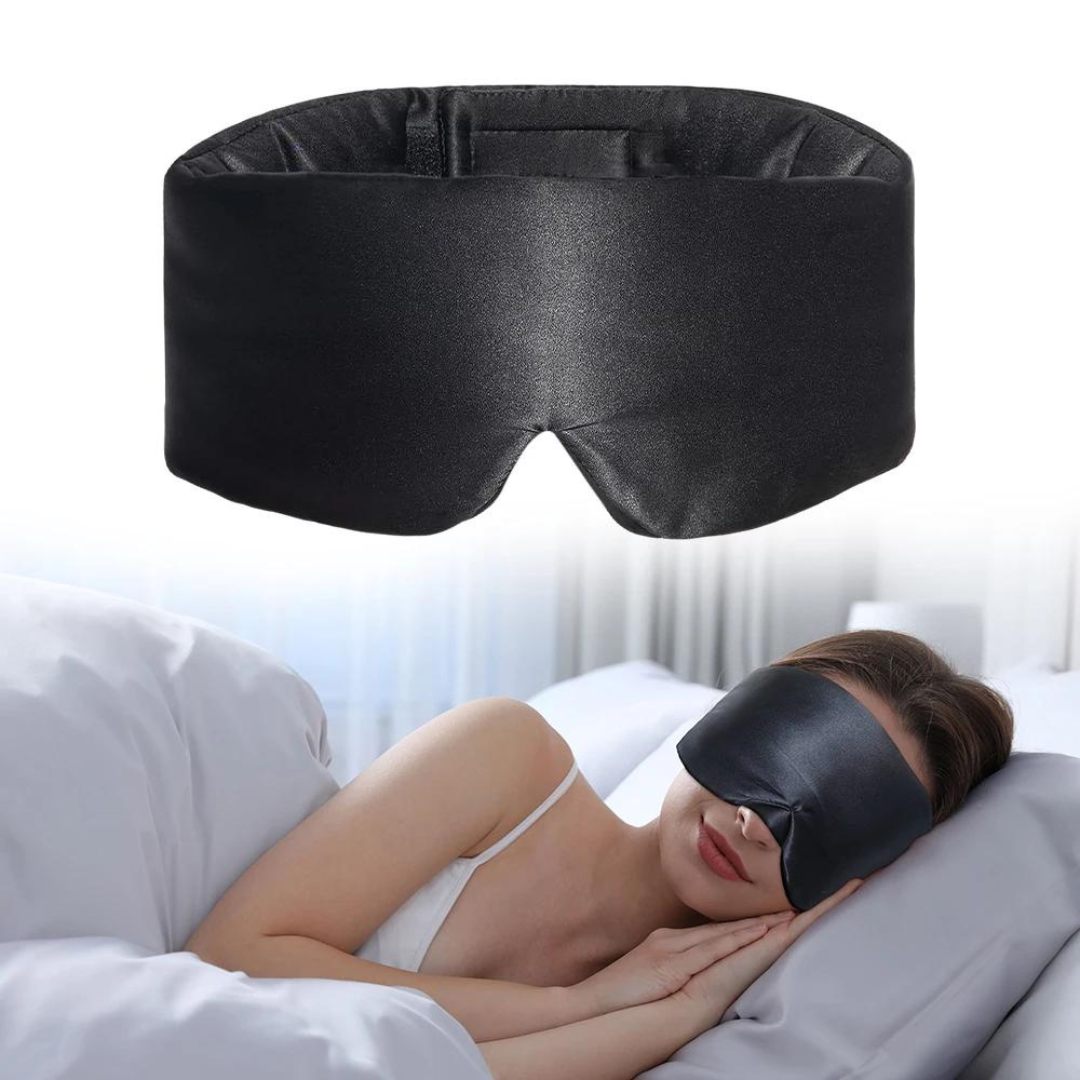 Schwarze Schlafmaske aus Seide, ideal für erholsamen Schlaf und Dunkelheit, komfortabel.